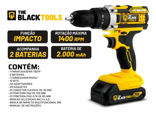 Parafusadeira Furadeira De Impacto The Black Tools Profissional TB-21PX 2 Baterias Com Maleta 60Hz Amarelo