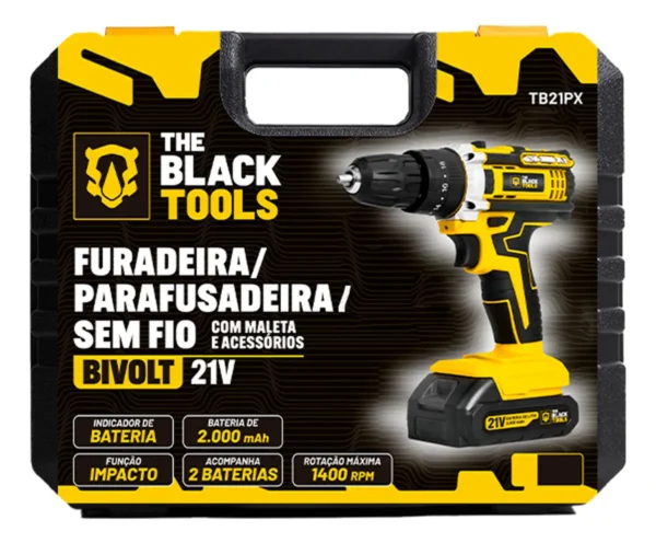 Parafusadeira Furadeira De Impacto The Black Tools Profissional TB-21PX 2 Baterias Com Maleta 60Hz Amarelo
