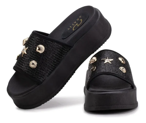 Sandália Feminina Papete Tamanco Plataforma Fundos Do Mar